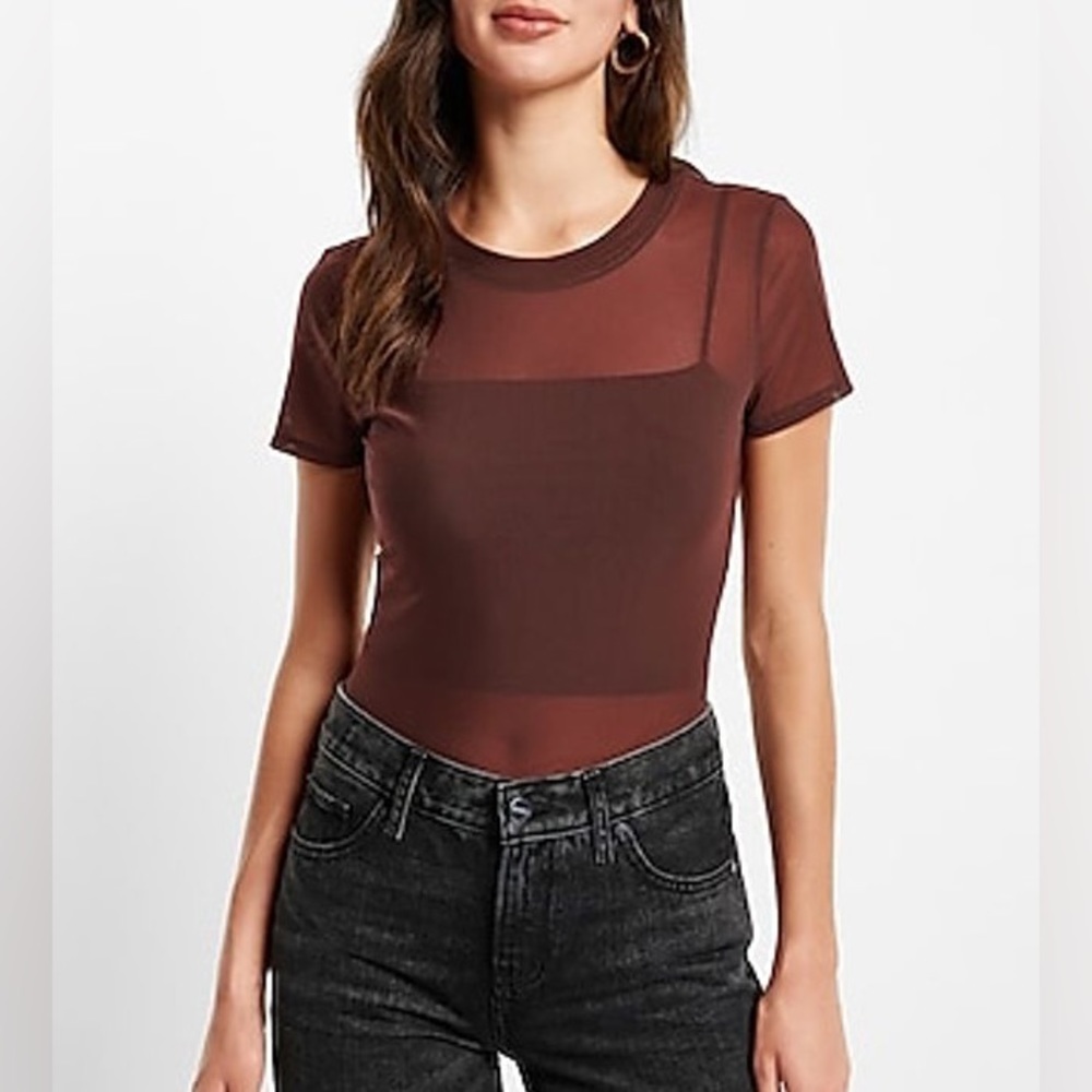 🤎 Express Bitter Chocolate Brown Fitted Crew Neck Sheer Mesh Tee T-Shirt